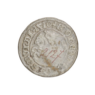 Lithuanian half-grosz, Sigismund I the Old (king of Poland; 1506–1548). Obverse: Pogon (mounted