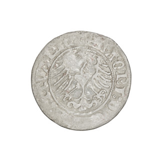 Lithuanian half-grosz, Sigismund I the Old (King of Poland; 1506–1548). Obverse: Pogon turned to
