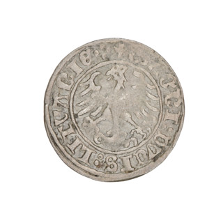 Lithuanian half-grosz, Sigismund I the Old (king of Poland; 1506–1548). Obverse: Pogon turned left;