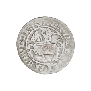 Lithuanian half-grosz, Sigismund I the Old (king of Poland; 1506–1548). Obverse: Pogon turned left;