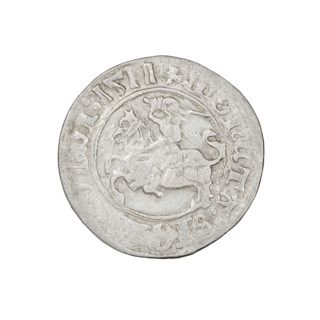 Lithuanian half-grosz, Sigismund I the Old (King of Poland; 1506–1548). Obverse: Pogon turned left;