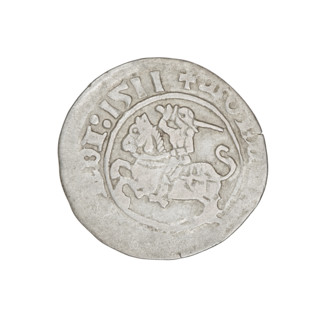 Lithuanian half-grosz, Sigismund I the Old (King of Poland; 1506–1548). Obverse: Pogon (Lithuanian