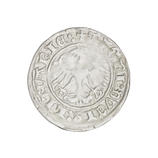 Lithuanian half-grosz, Sigismund I the Old (King of Poland; 1506–1548). Obverse: Pogon (Lithuanian