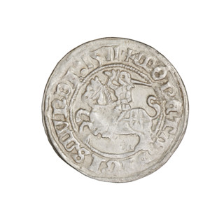 Lithuanian half-grosz, Sigismund I the Old (king of Poland; 1506–1548). Obverse: Pogon (mounted