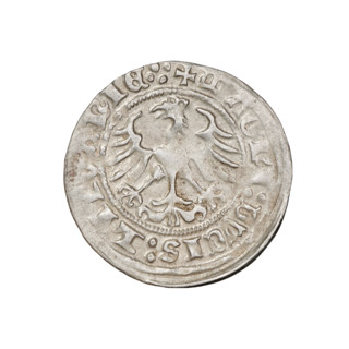 Lithuanian half-grosz, Sigismund I the Old (king of Poland; 1506–1548). Obverse: Pogon (Lithuanian