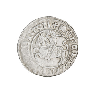 Lithuanian half-grosz, Sigismund I the Old (king of Poland; 1506–1548). Obverse: Pogon (Lithuanian
