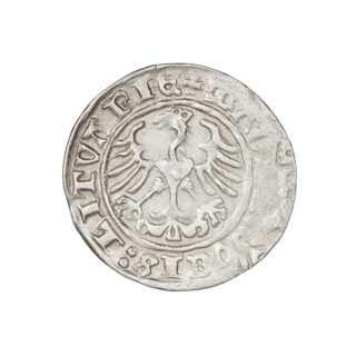 Lithuanian half-grosz, Sigismund I the Old (king of Poland; 1506–1548). Obverse: Pogon (Lithuanian