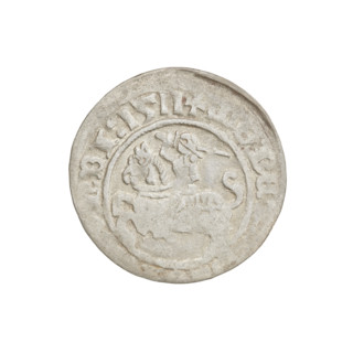 Lithuanian half-grosz, Sigismund I the Old (King of Poland; 1506–1548). Obverse: Pursuer turned