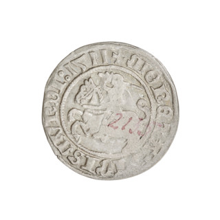 Lithuanian half-grosz, Sigismund I the Old (king of Poland; 1506–1548). Obverse: Pogon turned left;