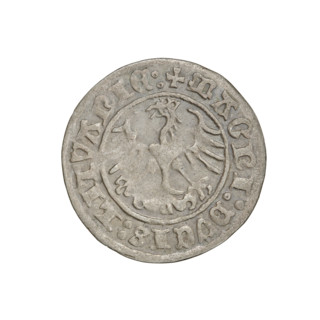 Lithuanian half-grosz, Sigismund I the Old (king of Poland; 1506–1548). Obverse: Pogon (Lithuanian