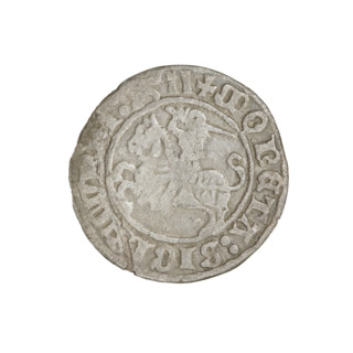 Lithuanian half-grosz, Sigismund I the Old (King of Poland; 1506–1548). Obverse: Pogon (Lithuanian