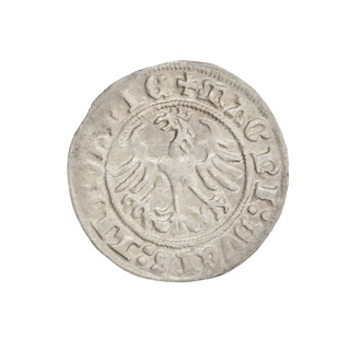 Lithuanian half-grosz, Sigismund I the Old (king of Poland; 1506–1548). Obverse: Pogon turned left;