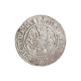 Lithuanian half-grosz, Sigismund I the Old (King of Poland; 1506–1548). Obverse: Pogon turned left;