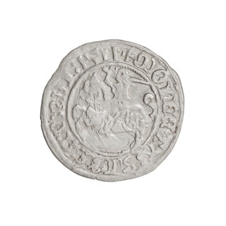 Lithuanian half-grosz, Sigismund I the Old (King of Poland; 1506–1548). Obverse: Pogon (Lithuanian