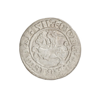 Lithuanian half-grosz, Sigismund I the Old (King of Poland; 1506–1548). Obverse: Pogon turned left;