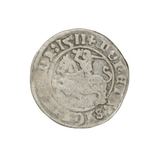 Lithuanian half-grosz, Sigismund I the Old (King of Poland; 1506–1548). Obverse: Pogon turned left;