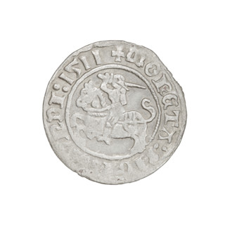 Lithuanian half-grosz, Sigismund I the Old (King of Poland; 1506–1548). Obverse: Pogon (Lithuanian