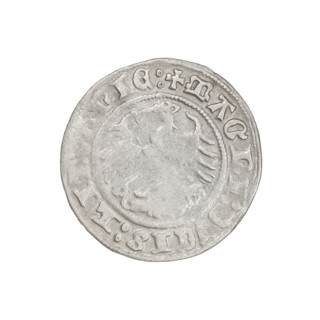 Lithuanian half-grosz, Sigismund I the Old (King of Poland; 1506–1548). Obverse: Pogon turned left;
