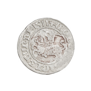 Lithuanian half-grosz, Sigismund I the Old (King of Poland; 1506–1548). Obverse: Pogon (Lithuanian