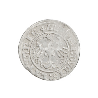 Lithuanian half-grosz, Sigismund I the Old (King of Poland; 1506–1548). Obverse: Pogon (Lithuanian