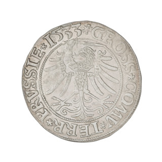 Prussian grosz, Sigismund I the Old (King of Poland; 1506–1548). Obverse: Crowned male bust in
