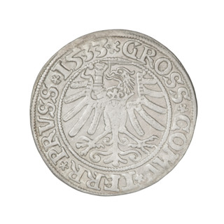 Prussian grosz, Sigismund I the Old (King of Poland; 1506–1548). Obverse: Crowned male bust in
