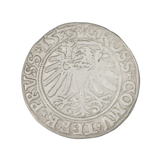 Prussian grosz, Sigismund I the Old (King of Poland; 1506–1548). Obverse: Crowned male bust in