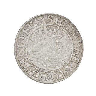 Prussian grosz, Sigismund I the Old (King of Poland; 1506–1548). Obverse: Crowned male bust in