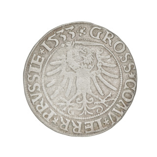 Prussian grosz, Sigismund I the Old (King of Poland; 1506–1548). Obverse: Crowned male bust in