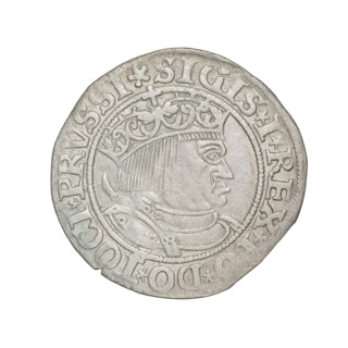 Prussian grosz, Sigismund I the Old (King of Poland; 1506–1548). Obverse: Crowned male bust in