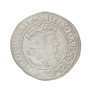 Prussian grosz, Sigismund I the Old (King of Poland; 1506–1548). Obverse: Crowned male bust in