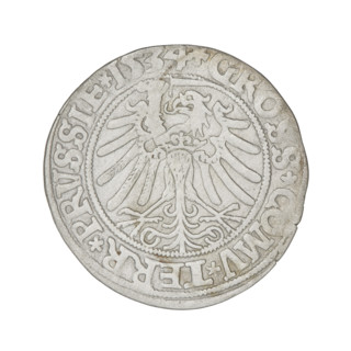 Prussian grosz, Sigismund I the Old (King of Poland; 1506–1548). Obverse: Crowned male bust in