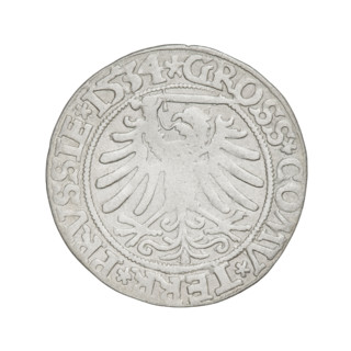 Prussian grosz, Sigismund I the Old (King of Poland; 1506–1548); obverse: crowned male bust in