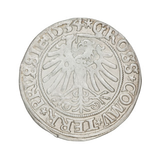 Prussian grosz, Sigismund I the Old (King of Poland; 1506–1548). Obverse: Crowned male bust in