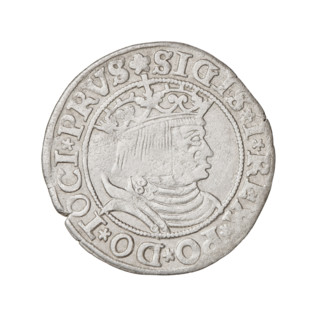 Prussian grosz, Sigismund I the Old (King of Poland; 1506–1548). Obverse: Crowned male bust in