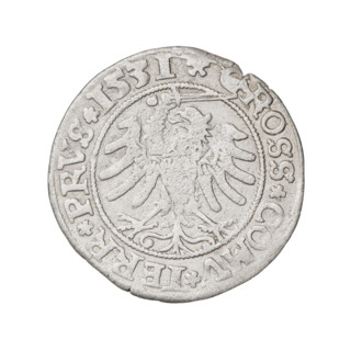 Prussian grosz, Sigismund I the Old (King of Poland; 1506–1548). Obverse: Crowned male bust in