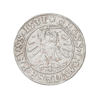 Prussian grosz, Sigismund I the Old (King of Poland; 1506–1548); obverse: crowned male bust in
