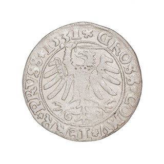 Prussian grosz, Sigismund I the Old (King of Poland; 1506–1548); silver coin (1531). Obverse: