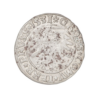 Prussian grosz, Sigismund I the Old (King of Poland; 1506–1548); silver coin, 1531. Obverse: