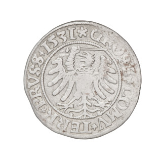 Prussian grosz, Sigismund I the Old (King of Poland; 1506–1548). Obverse: Crowned male bust in