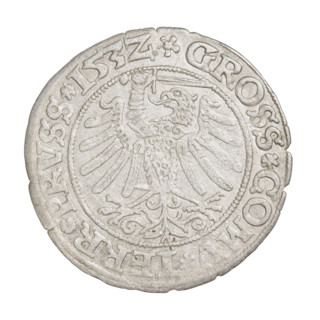 Prussian grosz, Sigismund I the Old (King of Poland; 1506–1548). Obverse: Crowned male bust in
