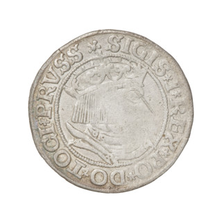 Prussian grosz, Sigismund I the Old (King of Poland; 1506–1548). Obverse: Crowned male bust in