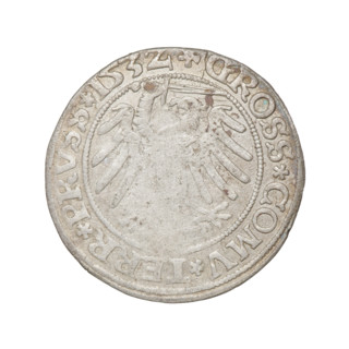 Prussian grosz, Sigismund I the Old (King of Poland; 1506–1548); silver coin (grosz), 1532, Torun,