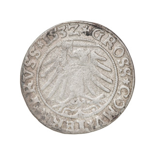 Prussian grosz, Sigismund I the Old (King of Poland; 1506–1548); silver coin, 1532. Obverse: