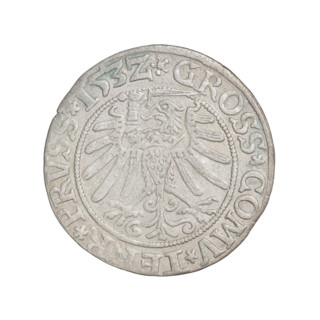 Prussian grosz, Sigismund I the Old (King of Poland; 1506–1548). Obverse: Crowned male bust in