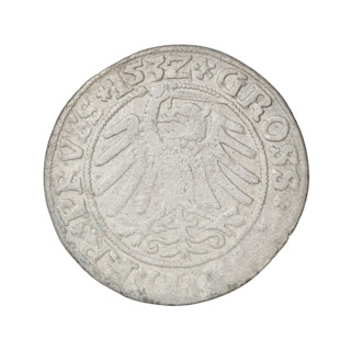 Prussian grosz, Sigismund I the Old (King of Poland; 1506–1548). Obverse: Crowned male bust in