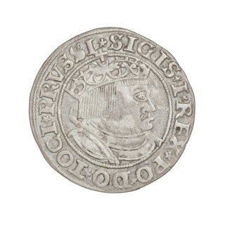 Prussian grosz, Sigismund I the Old (King of Poland; 1506–1548). Obverse: Crowned male bust in