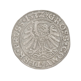 Prussian grosz, Sigismund I the Old (King of Poland; 1506–1548); 1532; Torun, Poland. Obverse: