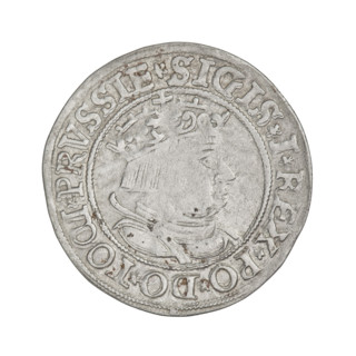 Prussian grosz, Sigismund I the Old (King of Poland; 1506–1548). Obverse: Crowned male bust in