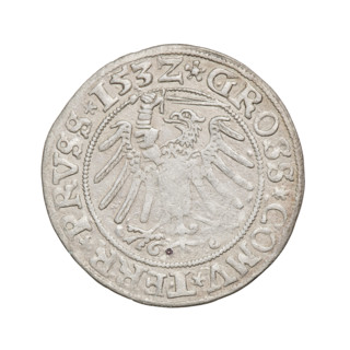 Prussian grosz, Sigismund I the Old (King of Poland; 1506–1548). Obverse: Crowned male bust in